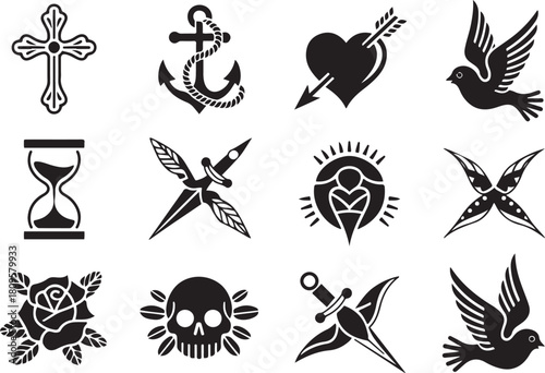 Vintage tattoo icons featuring cross, anchor, heart, hourglass, dove. Vector Black silhouettes. with white background