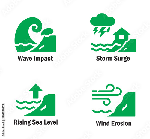 Coastal erosion solid icon set. Wave impact, storm surge, rising sea level, wind erosion pictogram. Climate change, global warming, natural disaster vector collection for infographics