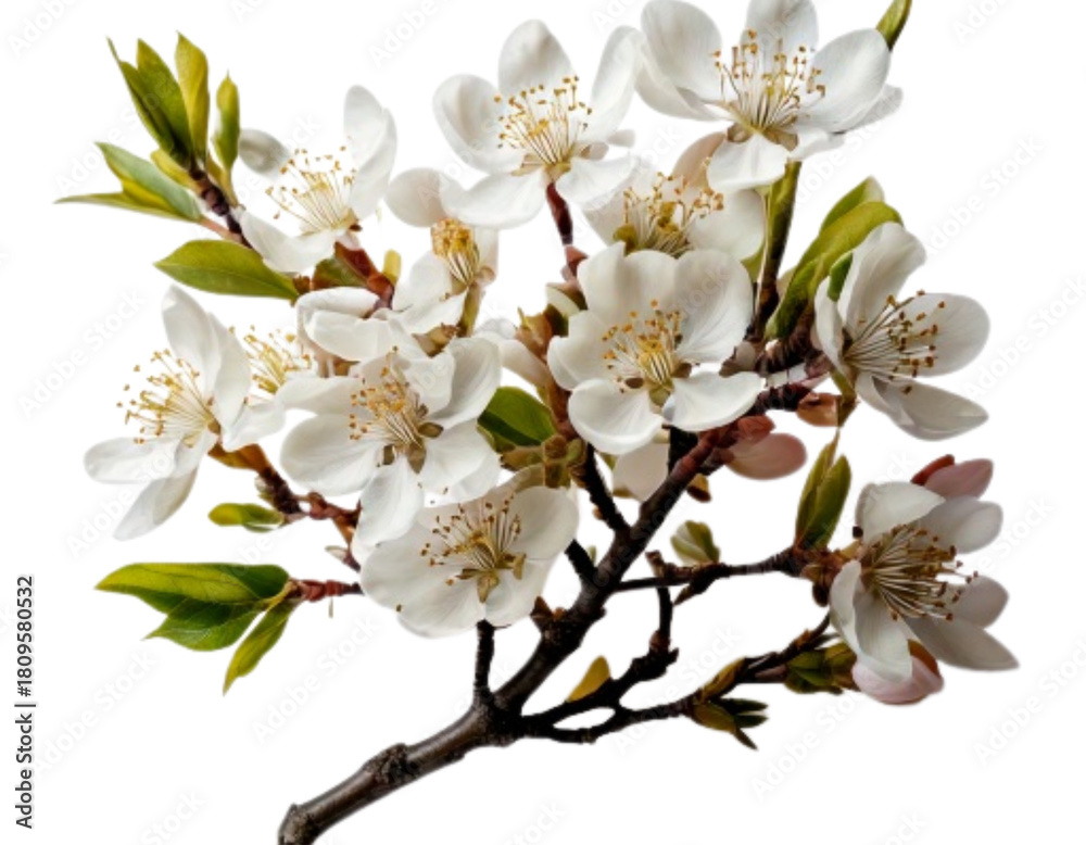 Obraz premium Firefly Single Flowering Tree Branch with White Blossoms, Front View, Isolated on White Background