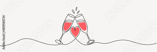 Minimalist line art heart with champagne flutes with pink accents