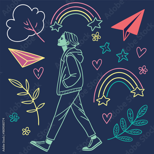 A vibrant line art illustration of a person walking, surrounded by positive and imaginative elements: rainbows, stars, hearts, and nature. Conveys growth, freedom, and dreaming.