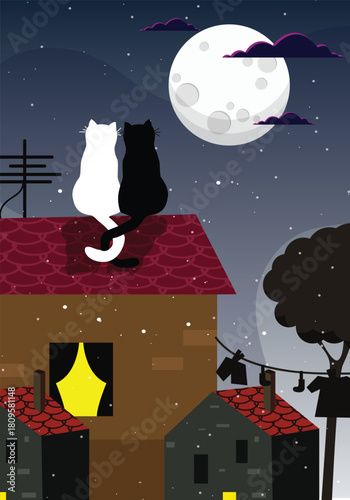 A white and black cat sitting on a tiled rooftop, gazing at the luminous full moon amidst a starry night sky