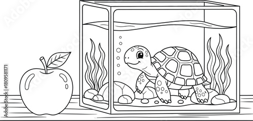 Cute Turtle in Aquarium with Apple on Table – Fun Cartoon Line Art Illustration for Kids Coloring Pages, Animal Learning Activities, and Creative Educational Projects
