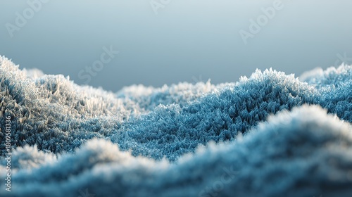 An intricate close-up of delicate frost feathers and overlapping ice crystals forming complex blue-tinted patterns on a surface, highlighted by soft, cool light emphasizing their translucent structure