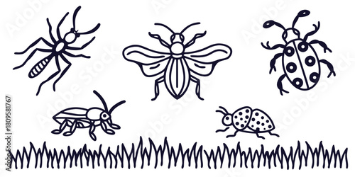 A collection of five insects, including an ant, a bee, and ladybugs, are depicted in line art above grass.