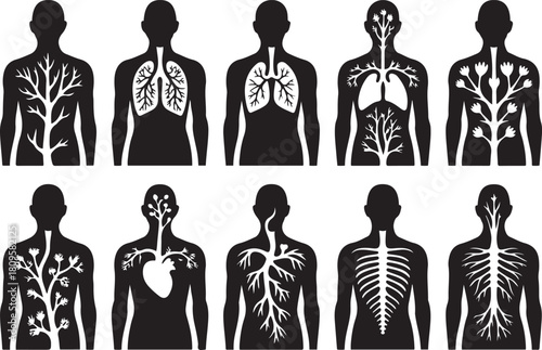 Surreal anatomical art nature and human body fusion in detailed. Vector Black silhouettes. with white background