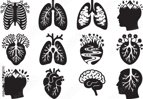 Surreal anatomical art nature and human body fusion in detailed. Vector Black silhouettes. with white background