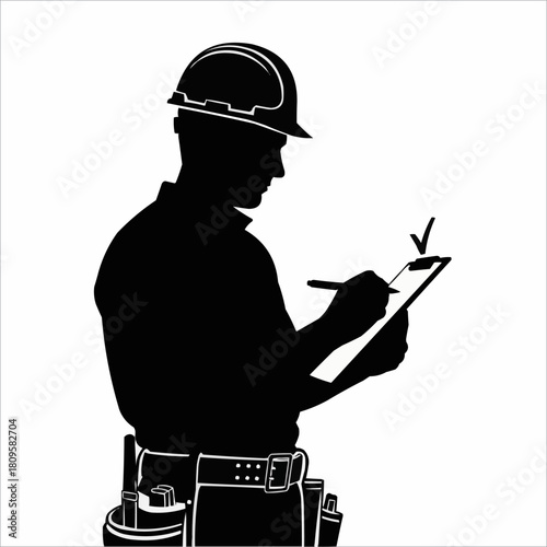 Silhouette of a construction worker with a hard hat and clipboard.