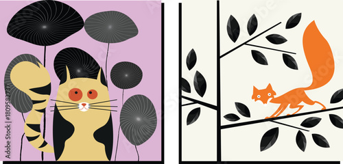 Stylized cartoon cat with large red eyes and striped tail surrounded by whimsical dark foliage on a lavender backdrop.