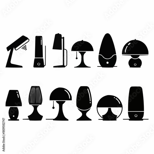Collection of various lamps in silhouette style for interior design and lighting.