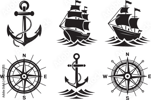 Nautical adventure set anchor, ship, compass, and more in vintage tattoo style ector Black silhouettes. with white background