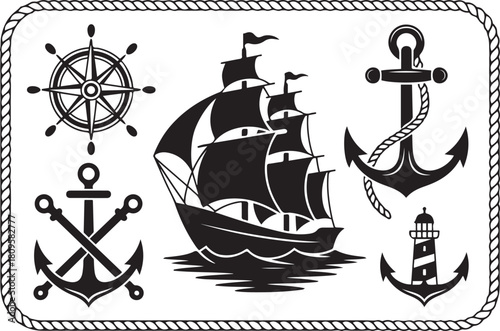 Nautical adventure set anchor, ship, compass, and more in vintage tattoo style ector Black silhouettes. with white background