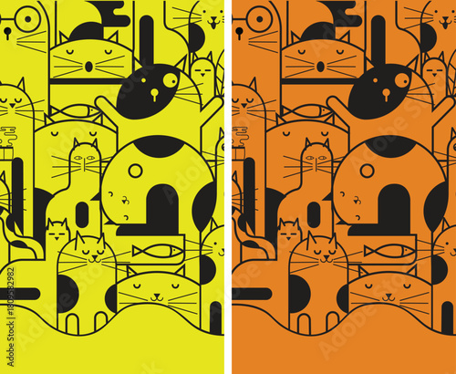 Whimsical cartoon cat pattern illustration with stylized felines in bright yellow and warm orange hues, seamless graphic decor.