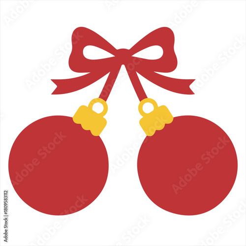 Vector illustration of two red Christmas balls hanging on a red ribbon bow isolated on white background