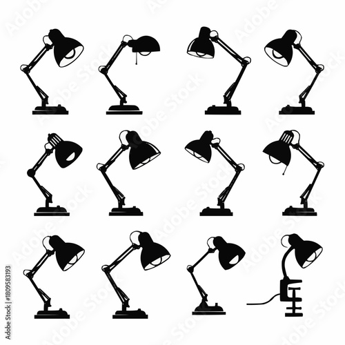 Collection of various desk lamps in different poses and angles.