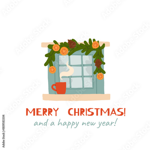 Cozy winter window with pine garland, dried oranges, pinecones and a warm steaming mug, festive holiday home decor illustration in soft warm tones, flat cartoon vector design for Christmas