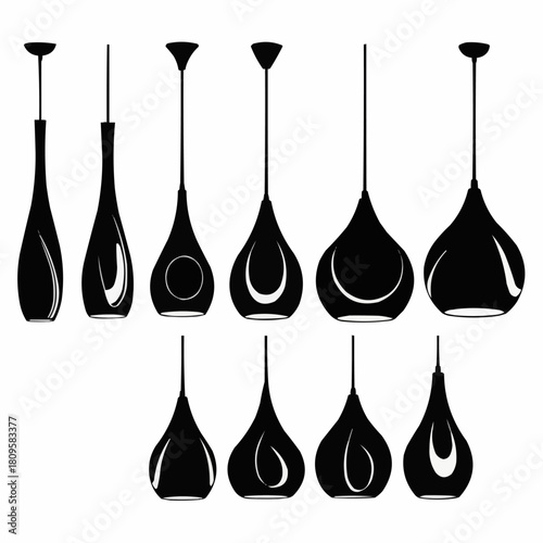 Collection of modern pendant light fixtures in black silhouette.