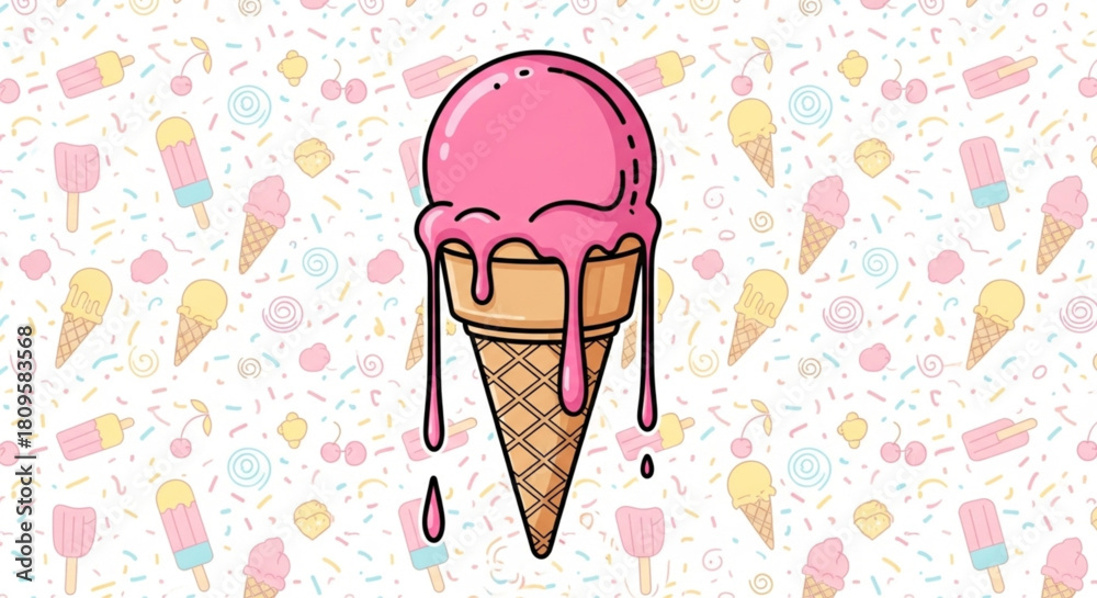 Fototapeta premium Ice Cream Cone Vector with Dripping Pink Glaze and Wafer Texture
