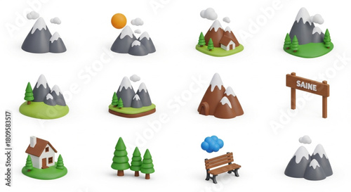 3D Mountain Landscape Icon Set with Modern Stylized Nature Elements
