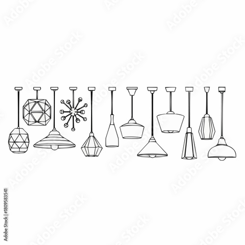 Collection of diverse pendant light fixtures in a line.