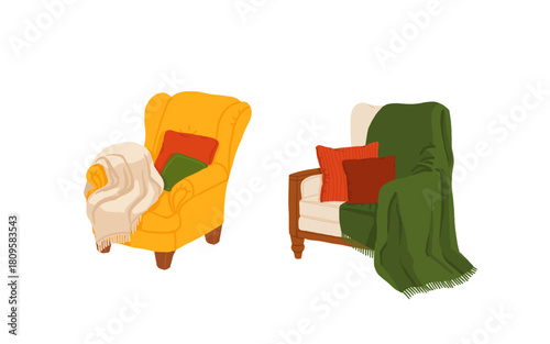 Christmas cozy armchair with blankets and pillows. Warm festive winter interior scene, comfy hygge holiday home decor illustration.