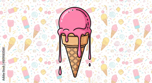 Ice Cream Cone Vector with Dripping Pink Glaze and Wafer Texture