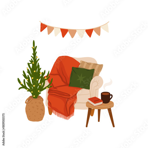 Christmas cozy reading armchair with blankets and pillows. Warm festive winter interior scene with table, cup of coffee and a book, comfy hygge holiday home decor illustration.