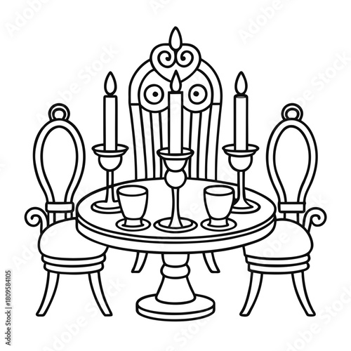 Elegant dining table set for two with candles and ornate chairs, line art