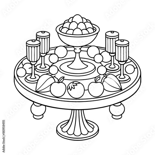 Artistic drawing of a round table with fruits, glasses and a bowl of spheres.