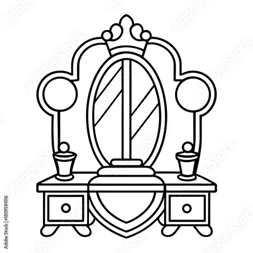 Antique vanity mirror with ornate frame and drawers, outline illustration