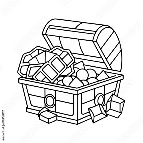 Open treasure chest overflowing with gold bars and coins, isolated on white.