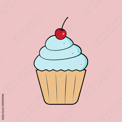 Light blue frosted cupcake with red cherry on top isolated on pastel pink background
