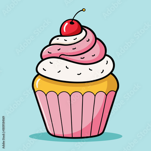 Isolated frosted cupcake with cherry on top, cartoon illustration, sweet dessert