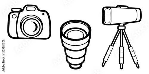 Camera, lens, and tripod are arranged side by side.