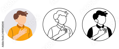 Modern flat vector illustration featuring a happy young man with hands on chest expressing joy