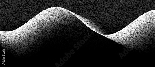 Abstract art background with dots. Waves with stipple effect with chaotic noise. White dots on black background.