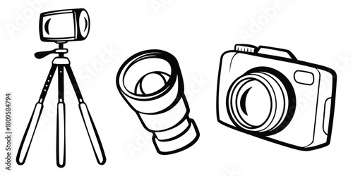 A camera, a lens, and a tripod are displayed on a white background.