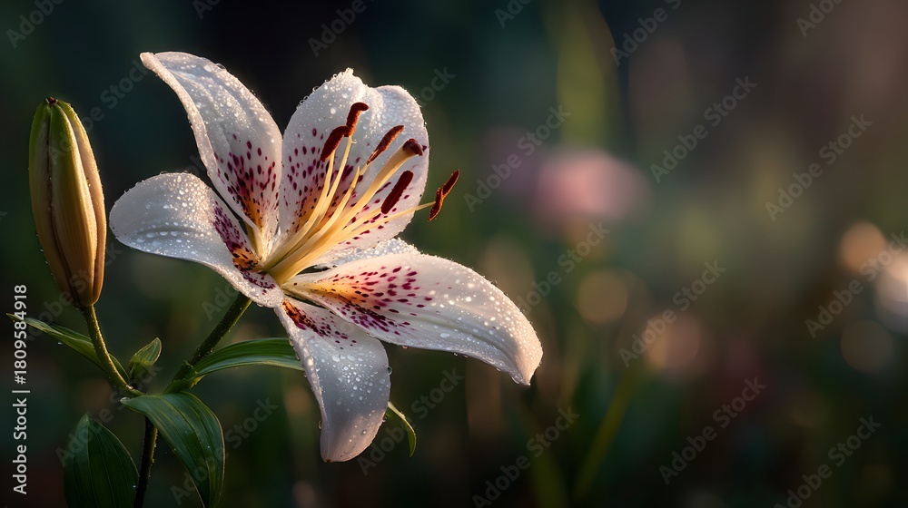 Fototapeta premium White speckled lily bloom glistens with morning dew against a dark, soft background