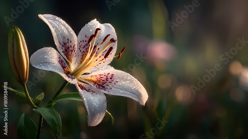 White speckled lily bloom glistens with morning dew against a dark, soft background