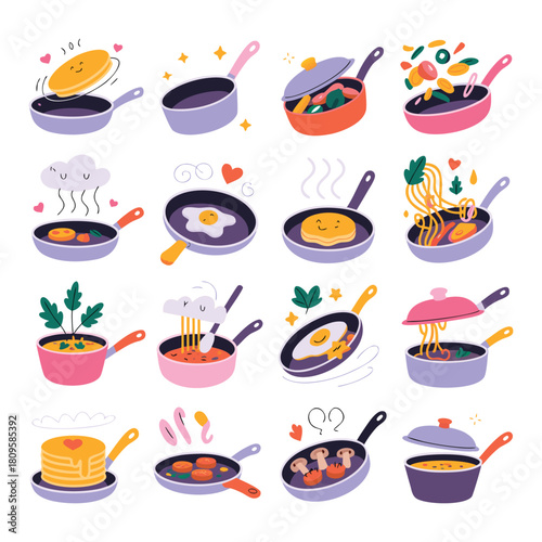 Fast food icon set vector illustration: a menu of hamburgers, pizza, coffee, tea, and desserts for breakfast or dinner