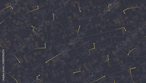 Map with Navigation Route. Urban travel in dark city navigation with glowing GPS routes. Destination points, abstract urban travel path. Vector illustration