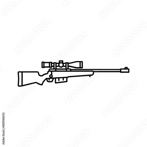 Line art illustration of a sniper rifle with a scope, black outline icon