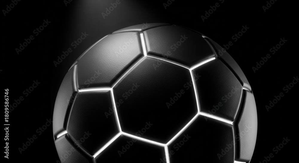 Naklejka premium Close up of a soccer ball with glowing lines on a black background