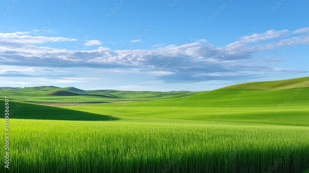 Naklejka premium Tranquil Green Landscape with Lush Grass Under a Vast Blue Sky and Fluffy Clouds in a Serene Natural Setting of Rolling Hills