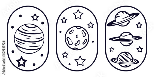Three stylized illustrations depict planets and stars within oval frames.