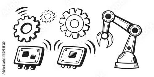 A robotic arm, gears, and computer chips represent industrial automation and technology.