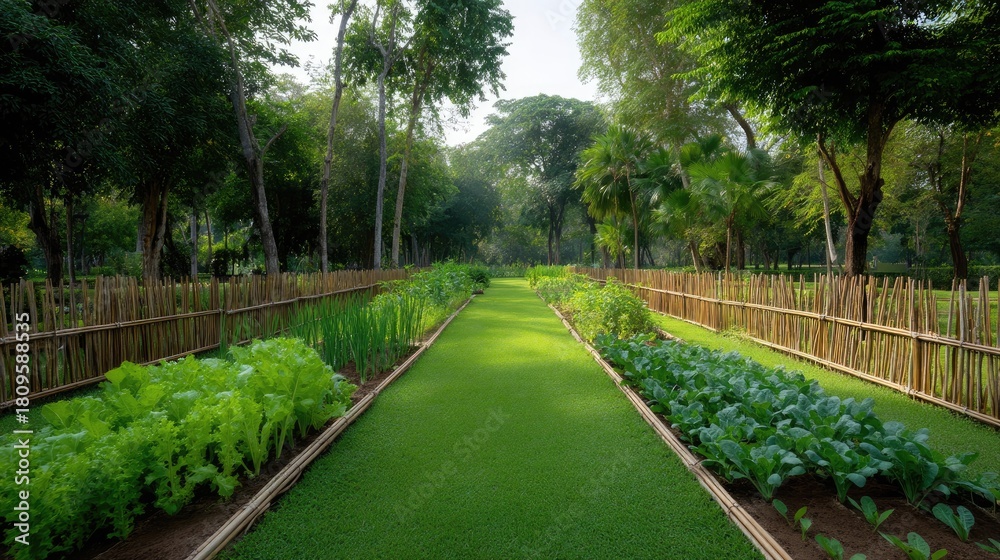 Fototapeta premium Lush Green Vegetable Garden with Vibrant Rows of Fresh Produce Surrounded by Trees and Natural Beauty in Bright Morning Light