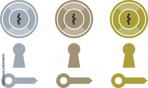 鍵穴と鍵のイラストのセット、3色
Set of keyhole and key illustrations, 3 colors