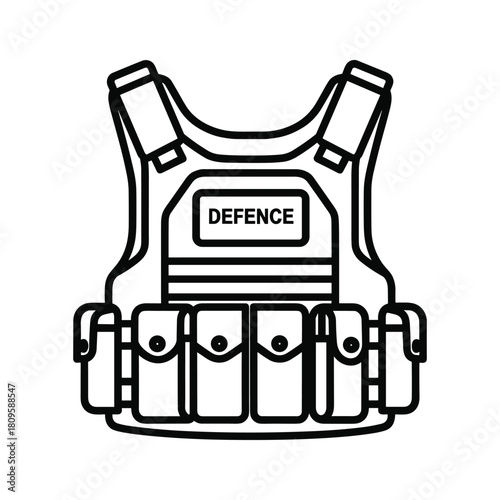 Tactical bulletproof vest with defence label and pouches, line art illustration