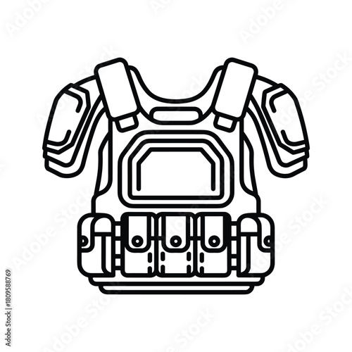Tactical bulletproof vest with shoulder pads and multiple pouches, line art